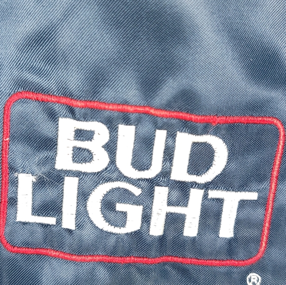 Vtg Bud Light Snap Front Satin Jacket Men's Large Navy Blue Nylon Distressed - Picture 2 of 14